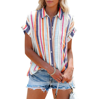 Collared Vertical Stripe Rolled Cuff Button Down Casual Shirt