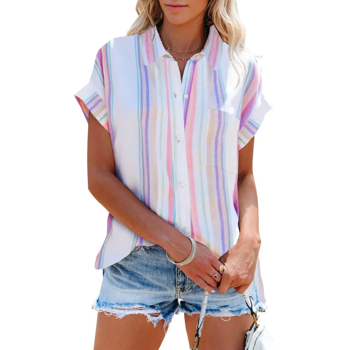 Collared Vertical Stripe Rolled Cuff Button Down Casual Shirt