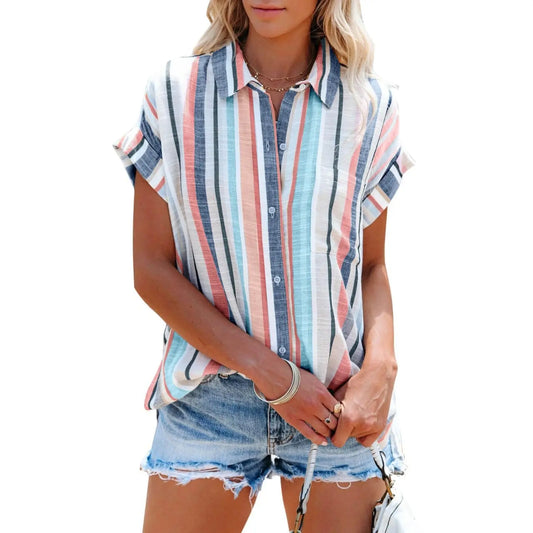 Collared Vertical Stripe Rolled Cuff Button Down Casual Shirt