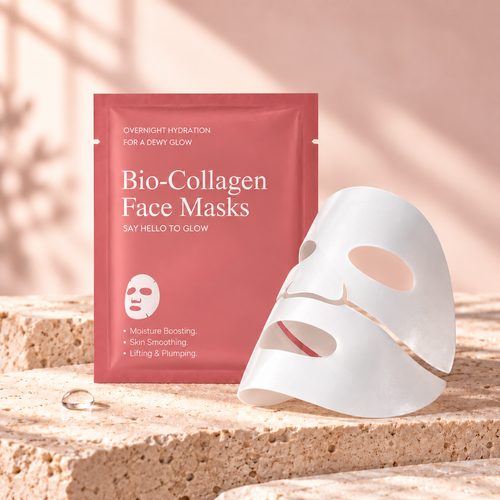 Rose Bio-Collagen Face Masks sachet with original benefit text and two-part mask; brand name removed