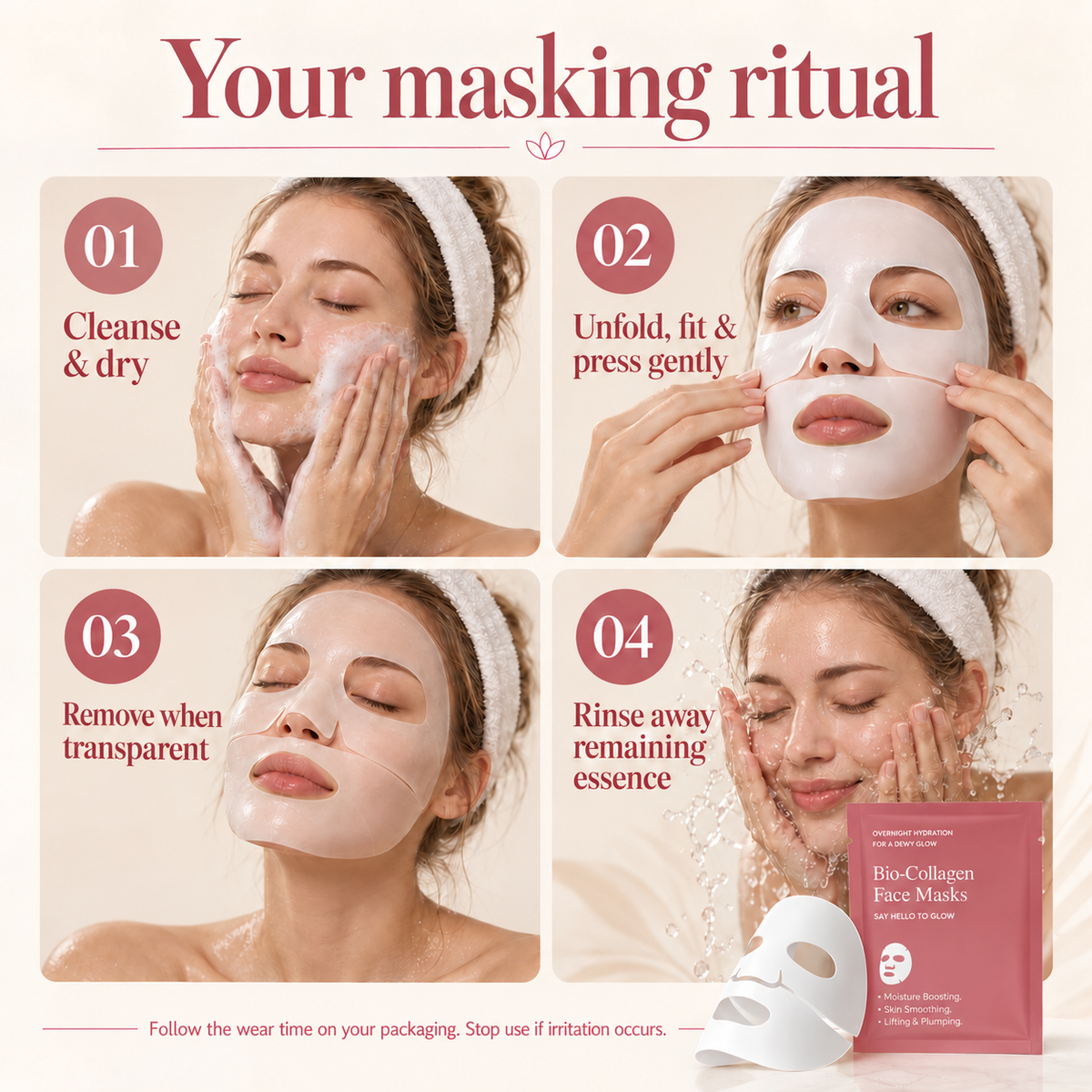 Four-step face mask usage guide in English