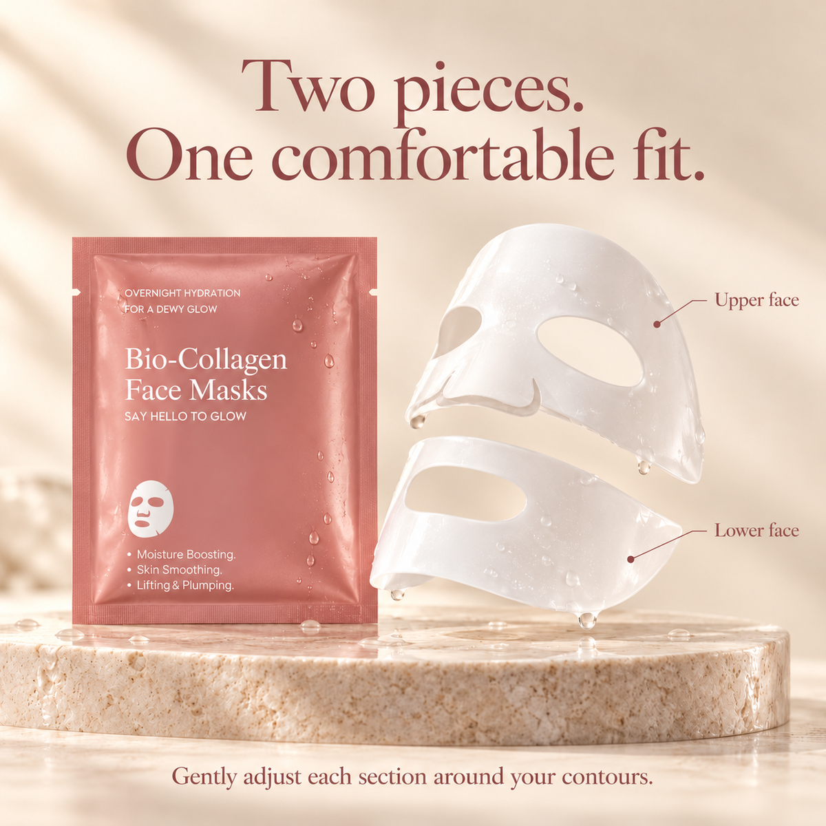 Two-part mask with upper and lower face sections and original packaging text