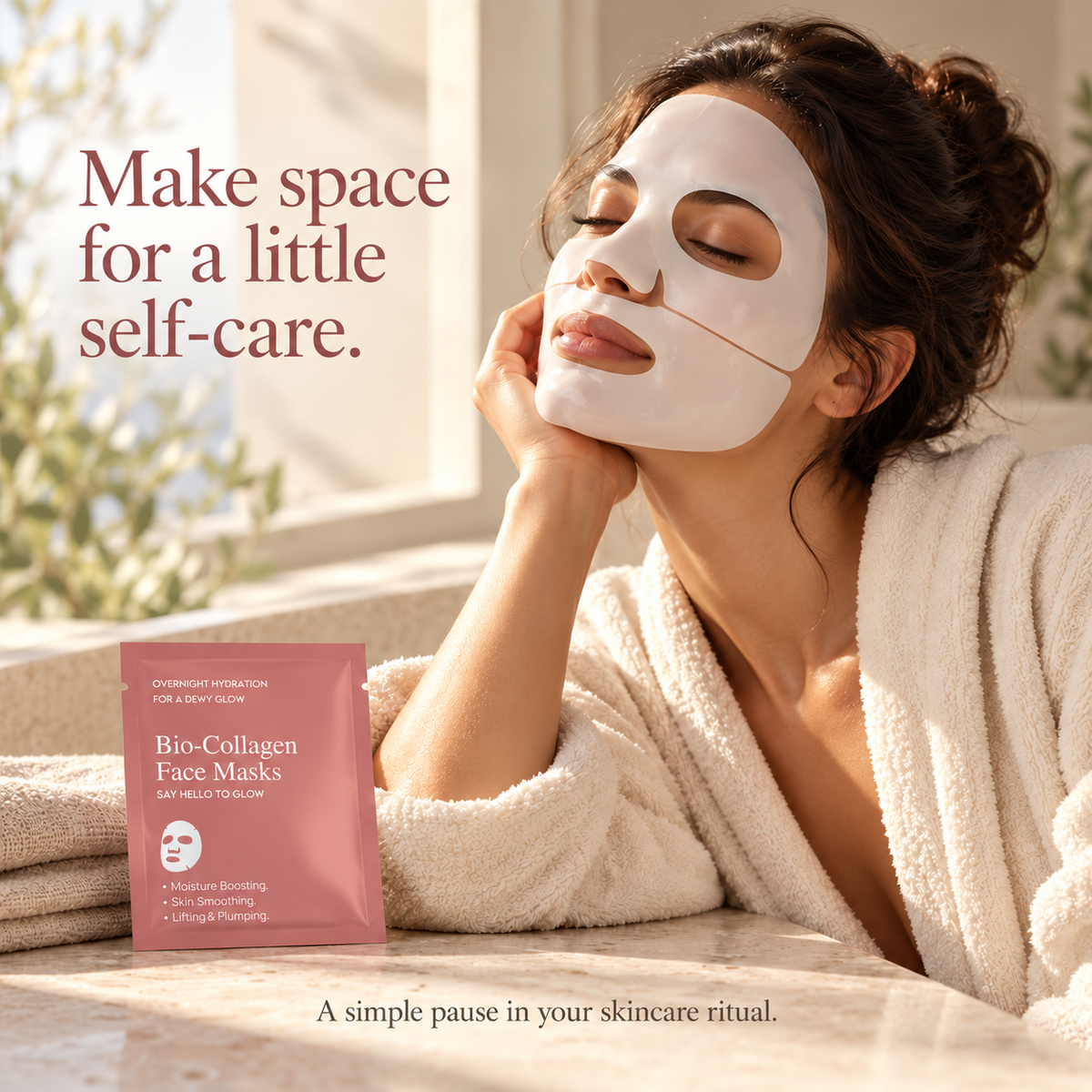 Illustrative at-home skincare ritual with two-part mask