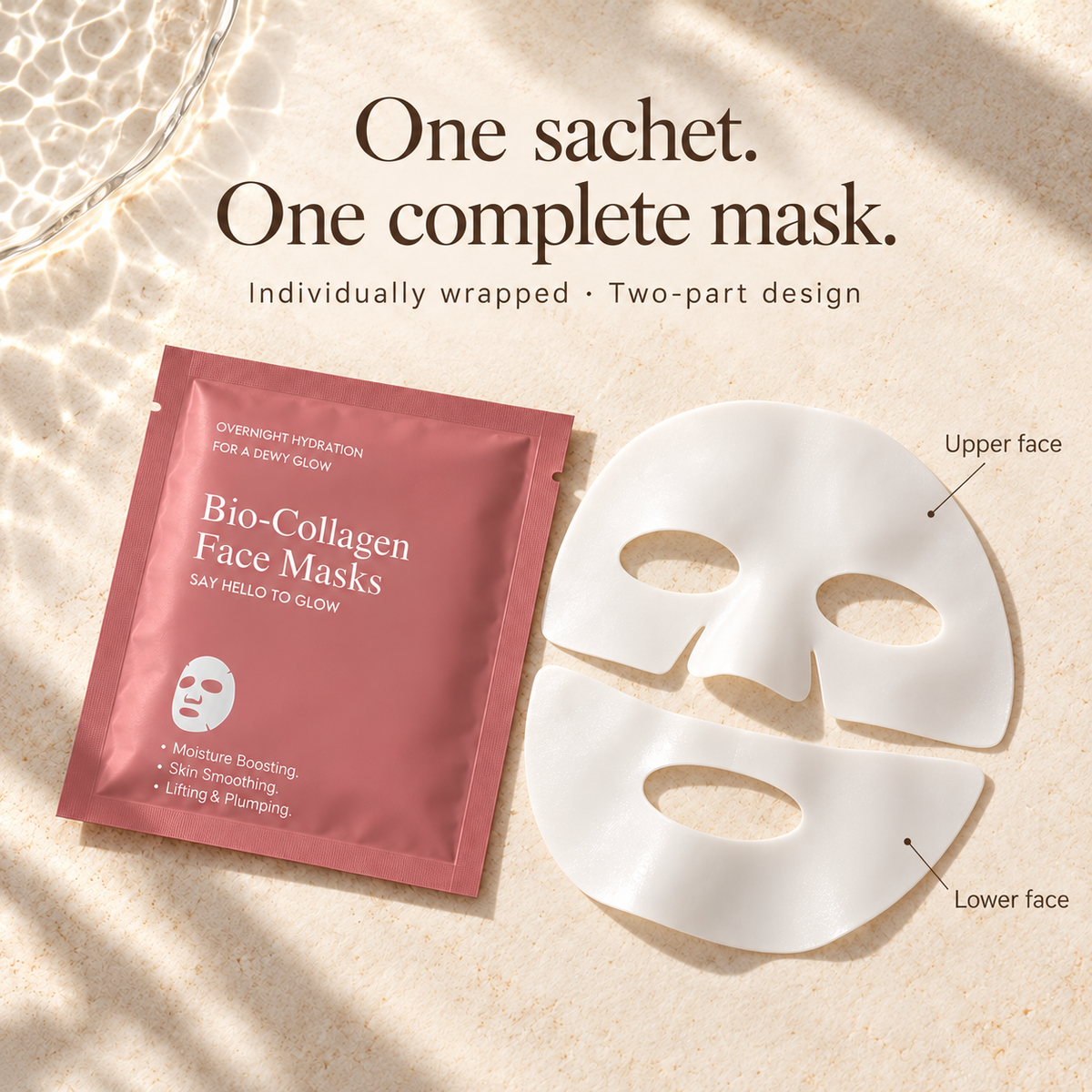 One sachet and one complete mask in upper and lower sections