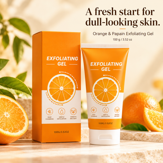 Orange and Papain Exfoliating Gel 100 g tube and carton, creatively restyled with original brand removed