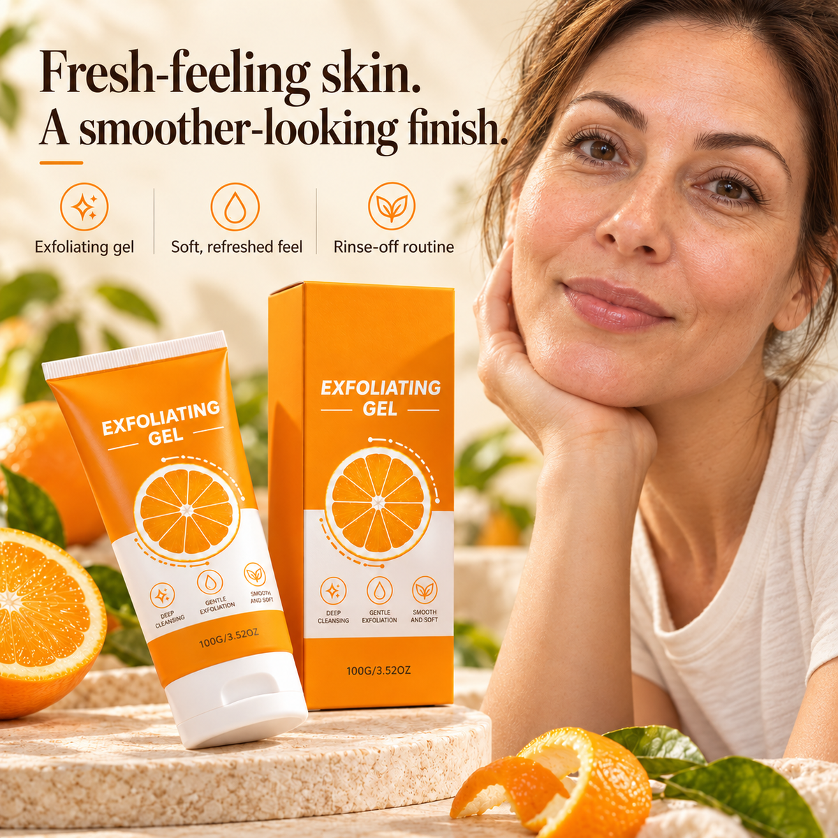Fresh-feeling skin and a smoother-looking finish with the orange exfoliating gel