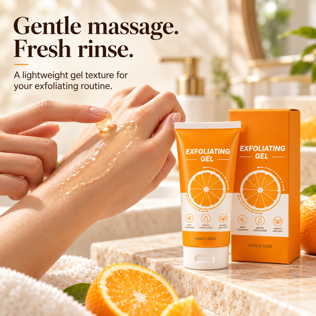 Illustrative translucent gel texture on fingertips with the orange tube