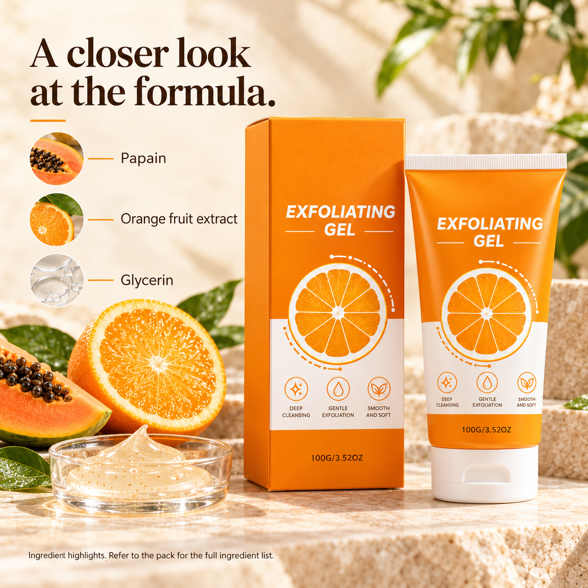 Supplier-listed Papain, Orange Fruit Extract and Glycerin formula highlights
