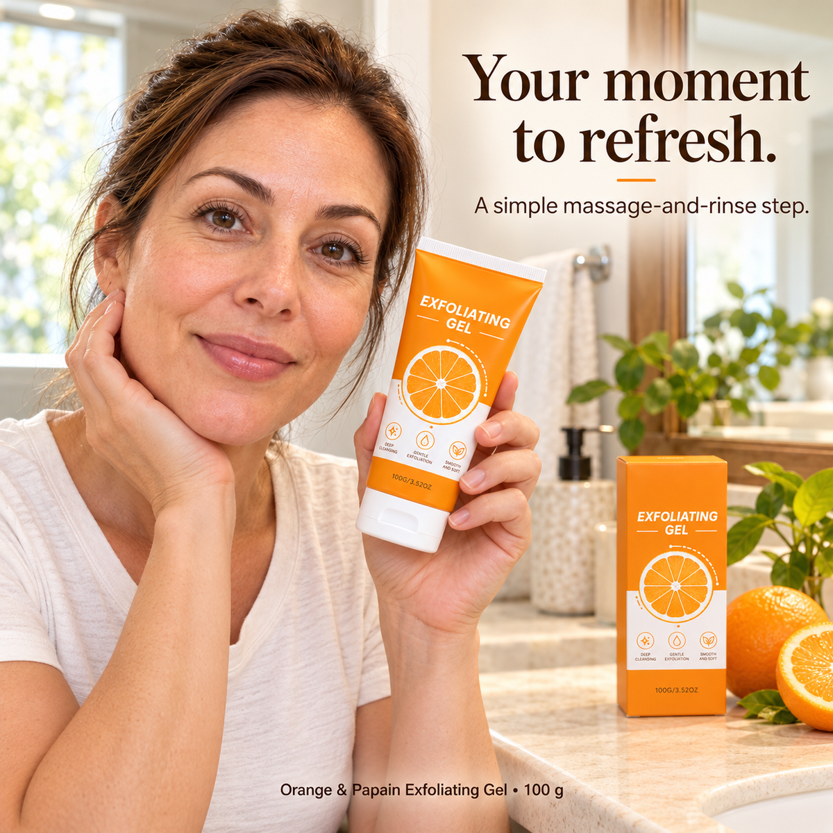 Fictional AI presenter holding the exfoliating gel during an at-home skincare routine