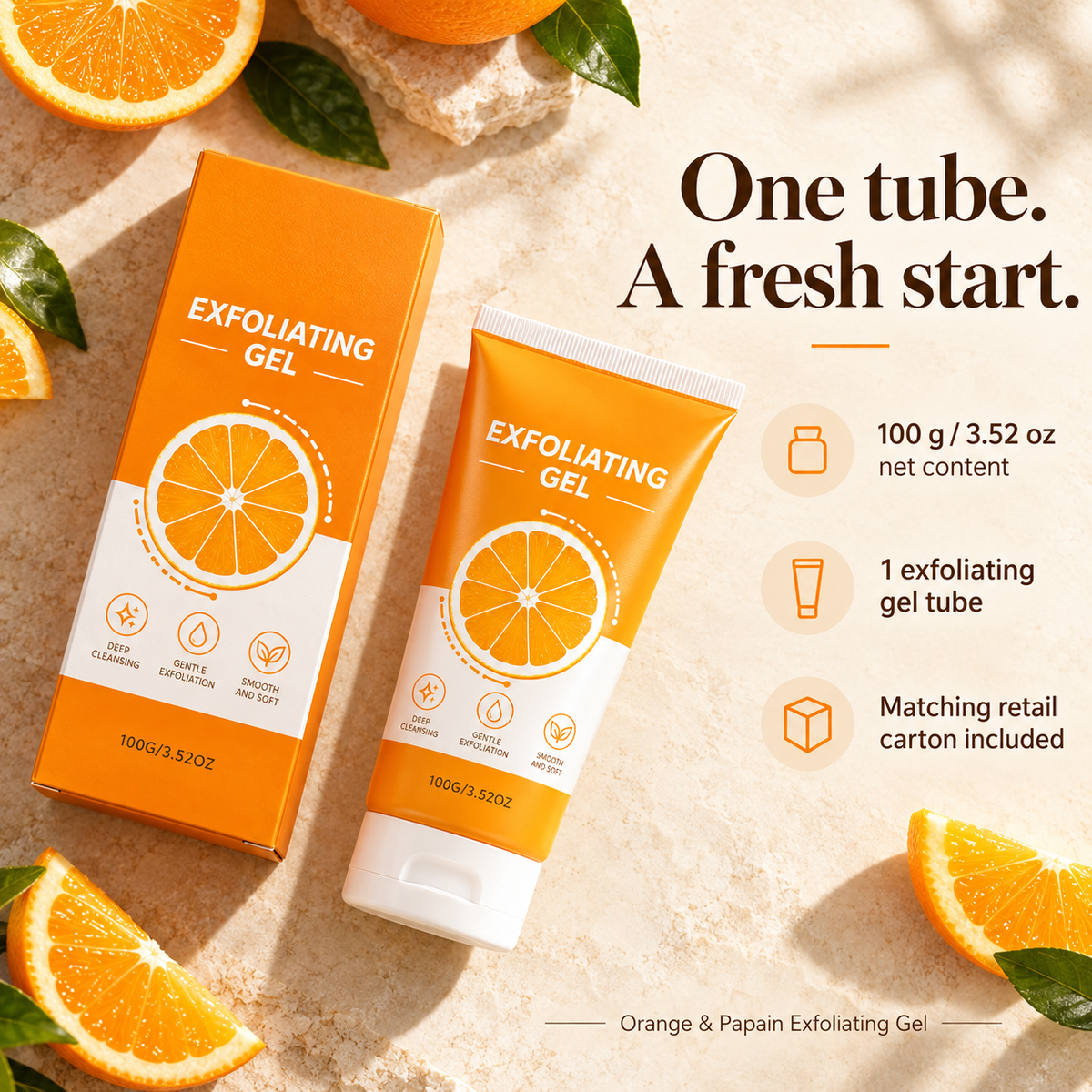 One 100 g exfoliating gel tube and matching retail carton included